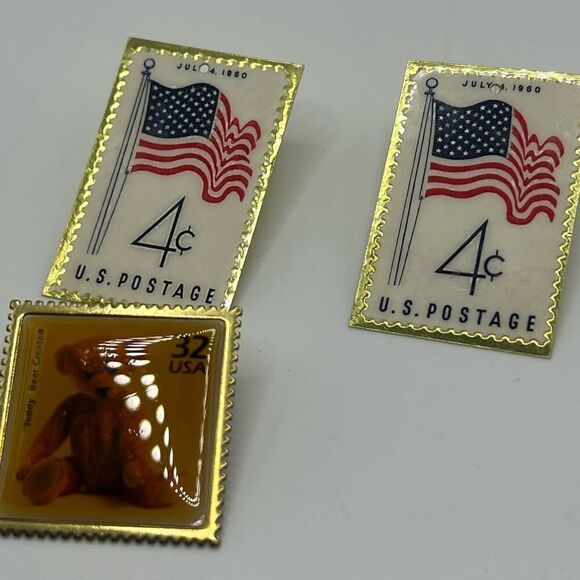 American Flag Stamp Earrings and Teddy Bear Stamp Brooch - Picture 2 of 7